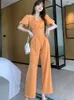Pantalon de deux pièces pour femmes Summer Casual Commute 2 Set Femmes Orange Solid V-Neck Puff Sleetthin Short Tops High Wide Leg Lad Lady Bureau