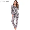 Hemkläder Ekouaer Kvinnor Pyjamas Set Nightwear Långärmad blommig tryck Sleepwear Stäng av krage Pyjama Set kvinnliga hemkläder kostymer