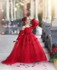 Rote Blumenmädchen Kleider klopfe Juwel Langarmes Mädchen Festzugskleider Kleinkind Erstkommunion Kleid bodenlange applizierte Kinder formelle Kleidung