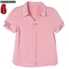 Blusas femininas M-5xl 2024 Summer bling tampe tampo da fita fita mulher de uso básico da senhora v pescoço rosa roxo camisa elegante