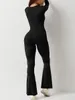 Frauen sexy offener Rücken Jumpsuit Square Neck Solid Farbe Leggings Langarm gerade Bein breit 240409