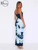 Casual Dresses Inwoman Spring Blue Printed Camisole Maxi Dress Beach Outfits For Women 2024 Sexig Backless Bodycon Long Vacation Sundress