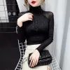 QNPQYX New Korean Sexy fashion Women Mesh top High neck Sexy Black bottoming t shirt Casual Bright silk Lady shirt Blusa