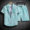 Summer Mens Hawaiian Beach Conjunto de mangas curtas camisa floral shorts de seda de gelo 240321