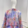 Casual jurken Silk 2024 Blue Purple Spring Summer Top Kwaliteit Vintage Flouncing Ruffles Lange Mouw Mini Crinkle Woman Midi Dress