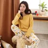 Home kleding vrouwen pyjama set katoenen gele top print lange broek 2 -delige sets meisje mode comfort voor pijama mujer