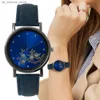 Armbandsur Luxury Ladies Tree Vine Diamond Simple Quartz Fashion Treasure Blue Leather Strap Womens Dress Clock Gift Wristes240409