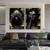 African Make Up Women With Black Gold Leaves Canvas Painting Modern Figure Wall Art Poster Print Pic for Living Room Home Decor