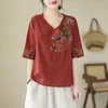 Women's T Shirts Ethnic Style Clothing 2024 Artistic Retro Cotton Linen Top Ramie Shirt Short Sleeve Summer Thin Embroidered K520