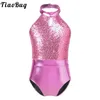 Stage Wear Kids Girls One Piece Ballet Dance Training Sleeveless Sequins Backless Metallic Leotards Costume For Performance Contest