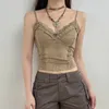 Heyoungirl spets v-hals camisoles sommar kvinnor retro sexiga beskurna tankar y2k estetik ärmlös khaki söt mager väst tee 2000s 240327