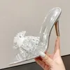 Sukienka Buty Liyke Rozmiar 35-41 Seksowne spiczaste palce Mule High Heels Stripper Crystal Bowknot PVC Transparent for Women Gold Sandals H240409 58yu