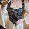 Women's Vintage Floral Printed Lace Up Cropped Bustier Vest Underbust Corset Top Ren Faire Crop Top Elagant Tank Camisole