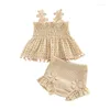 의류 세트 2 PCS Born Baby Girls Summer Outfit Solid Color Cutout Preated Tank Tops 스트레치 캐주얼 주름 반바지 어린이 세트