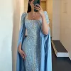 シャロンは、豪華なドバイブルーイスラム教徒の人魚のイブニングドレス女性のための長いケープスリーブアラビアライラックフォーマルドレス