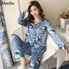 Hemkläder Autumn Elegant Women Pyjamas Långärmad Sexig Silk Pyjama Set Lounge Pijama Mujer Satin Print Sleepwear White Pyjamas Suit