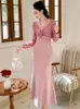 Casual Dresses Celebrity Retro Long Dress Women's Sweet Elegant Pink Twisted Sheer Lace SPICED Ruffles Fishtail Robe Party Banquet Vestidos