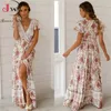 Été Maxi Robe Femme Courte courte Casual V Couche Floral Print Boho Boho Long Robe S ~ 5xl Sexy Split Party Robe 240325