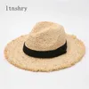 Raffiah Hat Panama Paille Summer Ribbon Noir Femmes Men Wide Brim Beach Sun Cap UV Protection Jazz Fedora Hat240409
