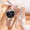 Kvinnors klockor 2st Luxury Fashion Women Watch Set Pu Leather Strap Ladies Quartz Wristwatch Rhinestone Rosegold Alloy Armband For Ladies Gift 240409