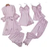 Ana Sayfa Giyim Satin 5 Parça Pijama Set Kadınlar İpek Kolsuz Üstler Pantolon Elbise Kıyafetler Şort Seksi iç çamaşırı Pleavwear Nightgown Kış