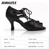 أحذية الرقص Jorozee Latin Women Black Red Satin Salsa Squre Ballroom Dancing Addjust العرض لأشرطة القدم الضيقة