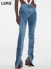 LGRQ 2024 Zomer Vrouwen jeans hoge taille gesplitste contrast kleur split slanke gedeconstrueerde denim lange flare broek wy557 240327