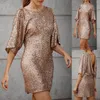 Casual jurken Elegant O-Neck Backless Club Mini Dress Women Fashion Glitter Sequins Bodycon Sensual Half Sleeve Solid Party