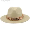 Breda randen hattar hink hattar nya gyllene kedja panama hatt sommar sol hattar för kvinnor man strand halm hatt för män uv skydd jazz fedora chapeau femme56-60cm y240409
