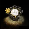 Rings Vintage Female White Pearl Thin Ring Classic 14Kt Black Gold Luxury Bridal Flower Engagement For Women Drop Delivery Jewelry Dhdjb