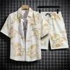 Summer Mens Hawaiian Beach Conjunto de mangas curtas camisa floral shorts de seda de gelo 240321