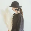 Berets Ladies Wide Brim Round Fedora Hat Lace Up Bowler Black Wool Long Ribbon Band Bow Stage Performance