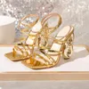 Sandales 2024 Été Sexy Luxury High Heels Fashion Square Toe Cross Strap Gold Party Wedding Chaussures Femme Femme 41 42