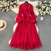 Sukienki swobodne eleganckie wiosenne organy organza czerwony puch rękawów balsame sukienka moda moda stać kołnierzykami marszki na imprezę wysokiej talii