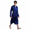 Długa szata męska szata męska jedwabna satynowa piżama śpiąca szaty szlafropowe szaty szary/niebieskie/burgundowe/czarne męskie letnia szata 240329