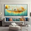 Modern Blue Gold Feather Butterfly Abstract Canvas Painting Wall Art Print and Poster Picture for Living Room Home Decoration Unframed