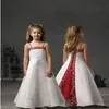 Robes de fille de fleur satinée blanche et rouge pour les bretelles spaghetti de mariage broderie en denterie