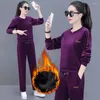 Women's Two Piece Pants Casual Thick Velvet Pullover Pant Sets O-neck Winter Plush Lined 2 Pieces Women Top Outfit Straight Sweatpants Suits