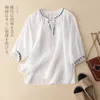 Women's Blouses 2024 Summer Floral Embroidery Blouse Ethnic Style Women V Neck Tie Bow Cotton Linen Shirt Ladies Causal Loose Short Tops