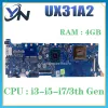 Carte mère UX31A Boîte principale pour Asus ZenBook UX31A2 ordinateur portable Motherboard i3 i5 I7 3th Gen 4GBram Notebook Board Main Rev: 2.0 4.1 100% Test OK