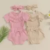 Clothing Sets 0-18M Baby Girl Summer Knit Outfits Solid Color Rib Ruffles Short Sleeve Rompers Shorts Headband 3Pcs Cute Girls Clothes Set