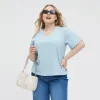 Plus maten 2024 Nieuwe eenvoudige solide kleurstreep top casual v nek korte mouw t-shirt dames plus size kleding m022