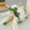 装飾的な花ブライダルブライドメイドウェディングブーケホワイトシャンパン人工バラシミュレートされた装飾弓タッセルハンドブーケ