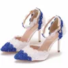 Zapatos de vestir Crystal Queen Women Sandals Heats High Blue Blue Lace Boda Parlas de flores de punta puntiaguda H240409 RXZ3