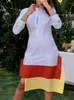 Casual Dresses Women White Shirt Dress Yellow Orange Patchwork Summer Autumn Long Sleeves Female Robes Tunics Big Size XL Drop