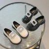 Sneakers Children's Beige Round Toe Girls Leather Shoes Rhinestone Slipon Casual Korean Elegant Glossy 2023 Spring New Antislip Loafers