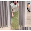 Robes de travail Fomes Fashion Tricoted Set Diamond Button Decoration Dames Irregar Tassel Jupe ou Single Shoder Sling Camis Top 2023 DRO DHDBO