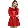 Casual Dresses Punk Vinyl Metallic Mini Dress Women Långärmad rund nacke veckat glänsande patentläder skridskor klubbkläder vestido