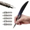 1 Set Vintage Feather Pen met 5 pen-nib gesneden bloemennib Quill Dip Pen schuine pen set cadeau schrijfhulpmiddelen schoolkantoor Office levering