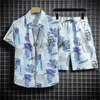 Summer Mens Hawaiian Beach Conjunto de mangas curtas camisa floral shorts de seda de gelo 240321